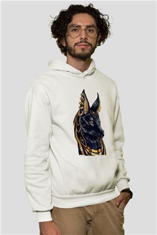 Anubis Baskılı Beyaz Unisex Hoodie