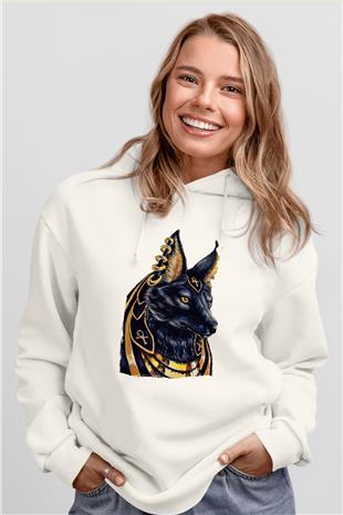 Anubis Baskılı Beyaz Unisex Hoodie