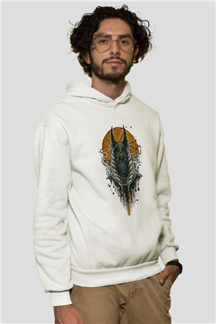 Anubis Baskılı Beyaz Unisex Hoodie