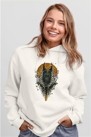 Anubis Baskılı Beyaz Unisex Hoodie