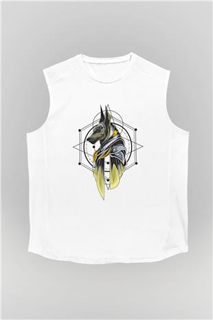 Anubis Baskılı Beyaz Unisex Kolsuz Tişört - Tshirt
