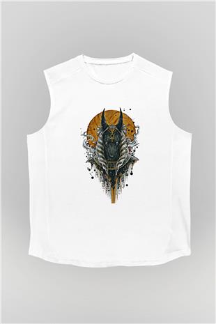 Anubis Baskılı Beyaz Unisex Kolsuz Tişört - Tshirt