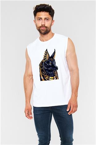 Anubis Baskılı Beyaz Unisex Kolsuz Tişört - Tshirt
