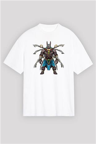Anubis Baskılı Beyaz Unisex Oversize Tişört - Tshirt