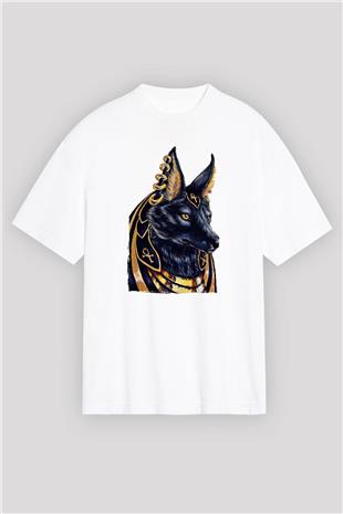 Anubis Baskılı Beyaz Unisex Oversize Tişört - Tshirt