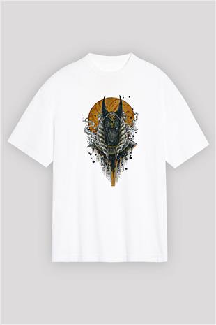 Anubis Baskılı Beyaz Unisex Oversize Tişört - Tshirt