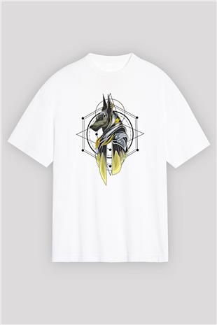 Anubis Baskılı Beyaz Unisex Oversize Tişört - Tshirt