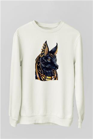 Anubis Baskılı Beyaz Unisex Sweatshirt