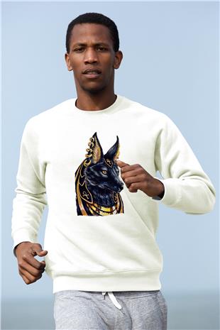 Anubis Baskılı Beyaz Unisex Sweatshirt