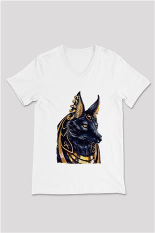 Anubis Baskılı Beyaz Unisex V Yaka Tişört - Tshirt