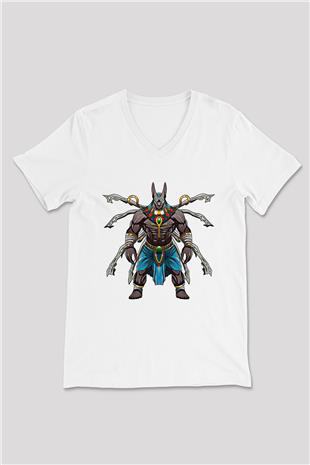 Anubis Baskılı Beyaz Unisex V Yaka Tişört - Tshirt