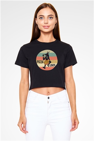 Anubis Baskılı Siyah Crop Top Kadın Tişört - Tshirt
