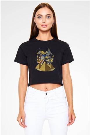 Anubis Baskılı Siyah Crop Top Kadın Tişört - Tshirt