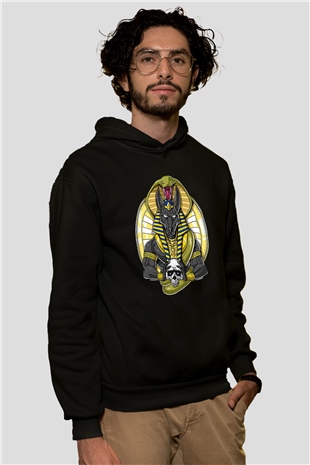 Anubis Baskılı Unisex Siyah Hoodie