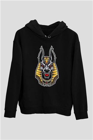 Anubis Baskılı Unisex Siyah Hoodie