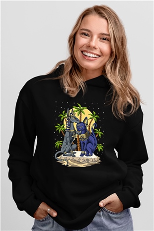 Anubis Baskılı Unisex Siyah Hoodie