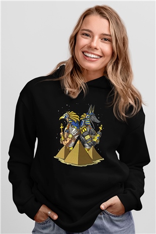 Anubis Baskılı Unisex Siyah Hoodie
