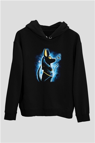 Anubis Baskılı Unisex Siyah Hoodie