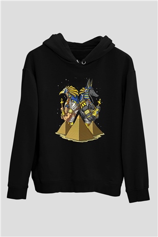 Anubis Baskılı Unisex Siyah Hoodie