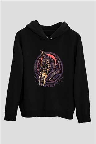 Anubis Baskılı Unisex Siyah Hoodie