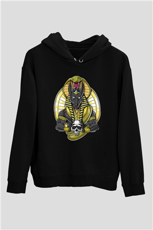 Anubis Baskılı Unisex Siyah Hoodie