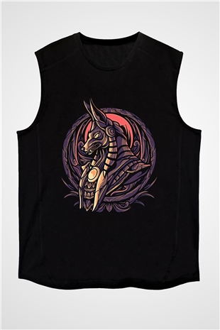 Anubis Baskılı Unisex Siyah Kolsuz Tişört - Tshirt