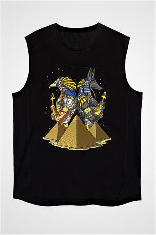 Anubis Baskılı Unisex Siyah Kolsuz Tişört - Tshirt