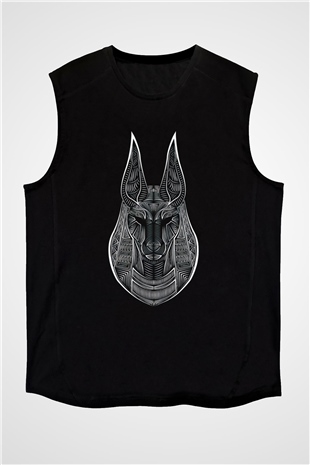 Anubis Baskılı Unisex Siyah Kolsuz Tişört - Tshirt