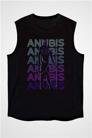 Anubis Baskılı Unisex Siyah Kolsuz Tişört - Tshirt