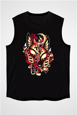 Anubis Baskılı Unisex Siyah Kolsuz Tişört - Tshirt