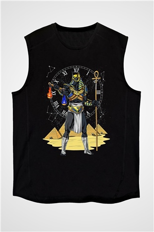 Anubis Baskılı Unisex Siyah Kolsuz Tişört - Tshirt