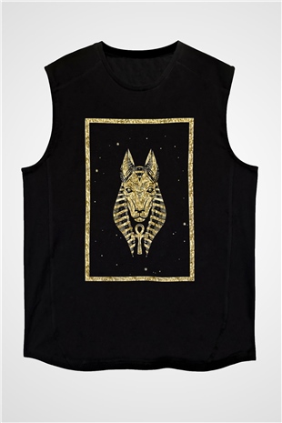 Anubis Baskılı Unisex Siyah Kolsuz Tişört - Tshirt