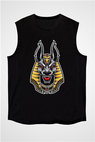 Anubis Baskılı Unisex Siyah Kolsuz Tişört - Tshirt