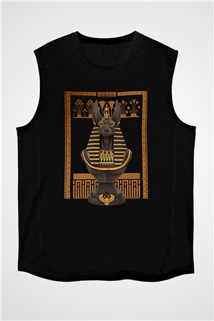 Anubis Baskılı Unisex Siyah Kolsuz Tişört - Tshirt
