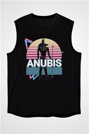 Anubis Baskılı Unisex Siyah Kolsuz Tişört - Tshirt