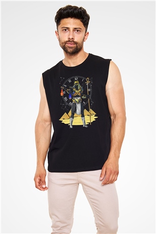 Anubis Baskılı Unisex Siyah Kolsuz Tişört - Tshirt