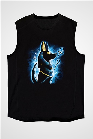 Anubis Baskılı Unisex Siyah Kolsuz Tişört - Tshirt