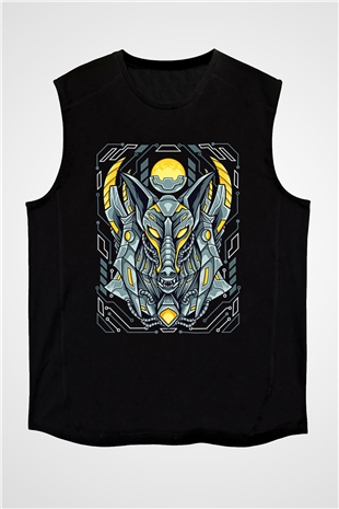 Anubis Baskılı Unisex Siyah Kolsuz Tişört - Tshirt