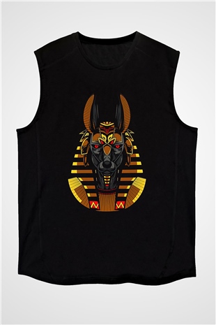 Anubis Baskılı Unisex Siyah Kolsuz Tişört - Tshirt