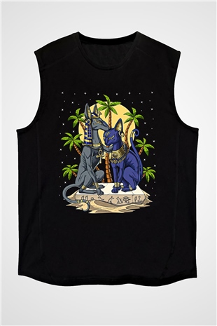 Anubis Baskılı Unisex Siyah Kolsuz Tişört - Tshirt
