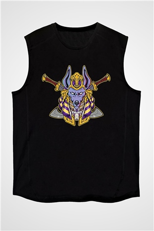 Anubis Baskılı Unisex Siyah Kolsuz Tişört - Tshirt