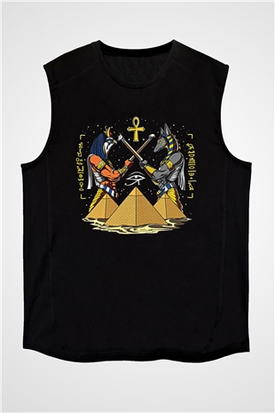 Anubis Baskılı Unisex Siyah Kolsuz Tişört - Tshirt