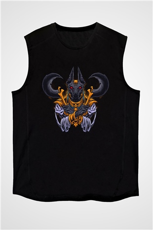 Anubis Baskılı Unisex Siyah Kolsuz Tişört - Tshirt