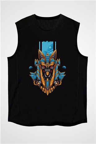 Anubis Baskılı Unisex Siyah Kolsuz Tişört - Tshirt