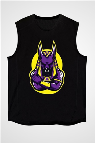 Anubis Baskılı Unisex Siyah Kolsuz Tişört - Tshirt