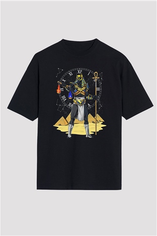 Anubis Baskılı Unisex Siyah Oversize Tişört - Tshirt