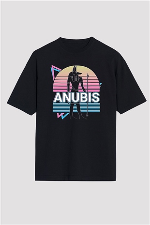 Anubis Baskılı Unisex Siyah Oversize Tişört - Tshirt