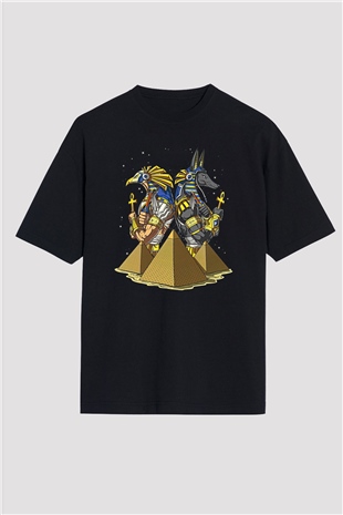 Anubis Baskılı Unisex Siyah Oversize Tişört - Tshirt