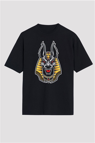 Anubis Baskılı Unisex Siyah Oversize Tişört - Tshirt