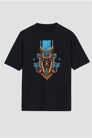 Anubis Baskılı Unisex Siyah Oversize Tişört - Tshirt